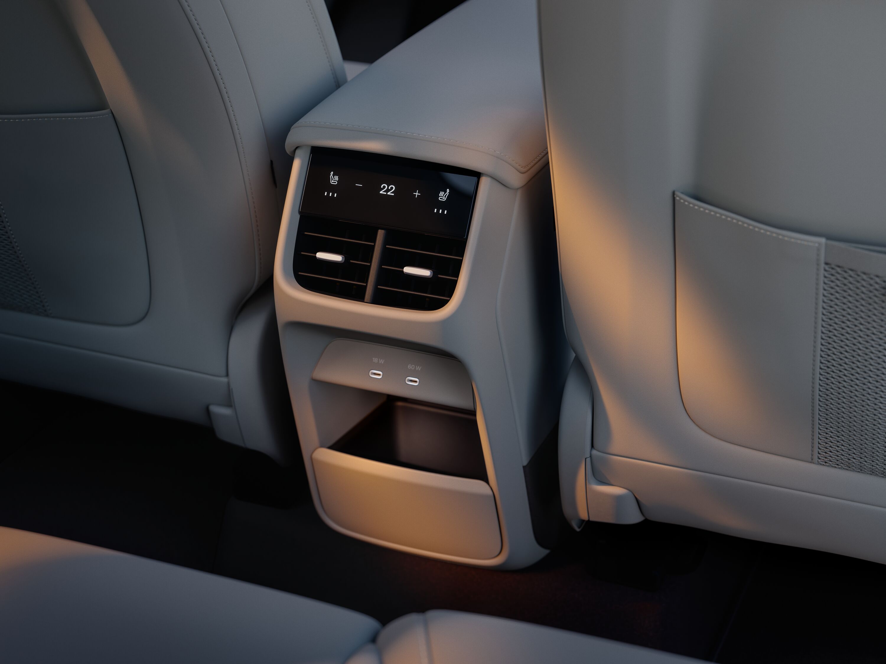 Volvo EX60 console storage i baksätet